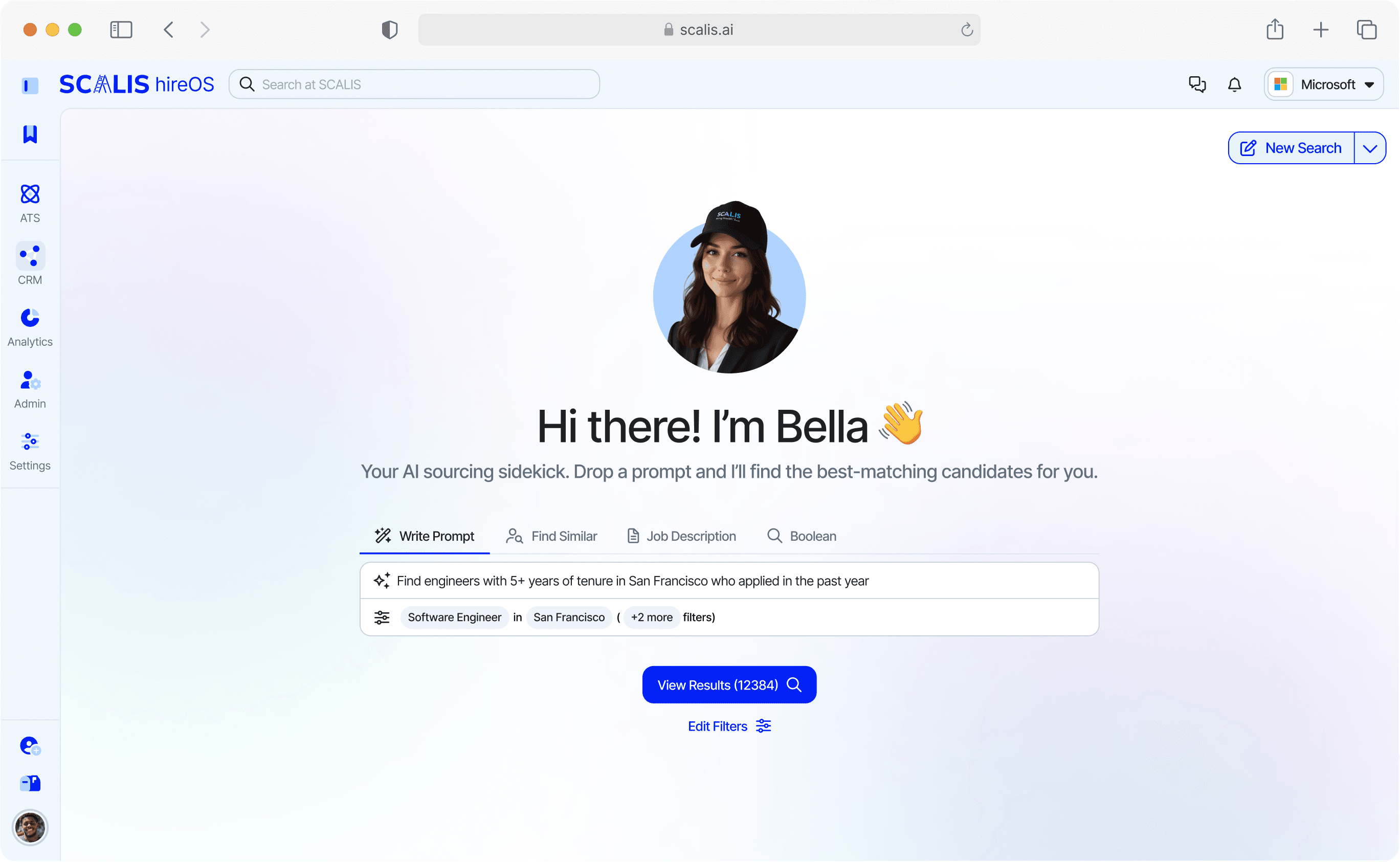 SCALIS hireOS dashboard with Bella AI sourcing
